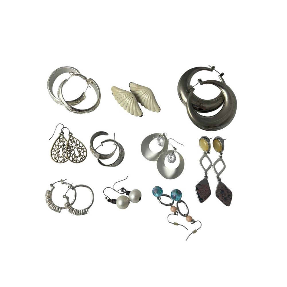 Mixed Lot 11 Pierced Earrings Silver Tone Dangle Beaded Hoops Costume Jewelry